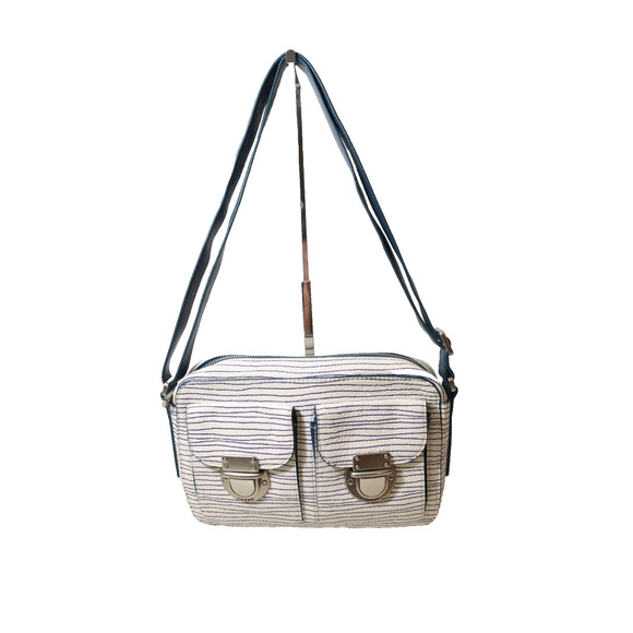 Fossil Crossbody Shoulder Bag Leather White Blue Striped Silver Buckle Accent 74 - Picture 1 of 16